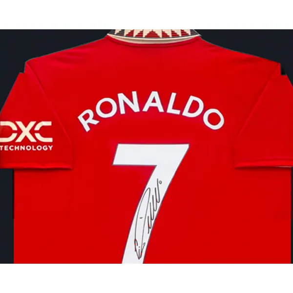 Three For Cristiano Ronaldo Manchester United 22-23 Season Autographed Jersey Includes EM Certificate Framed And Matted-2