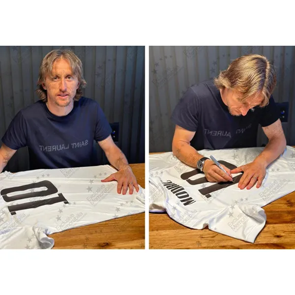 Three For Luka Modrić Autographed Signature Real Madrid 2022 23 Season Jersey EM Certificate Deluxe Framed-4