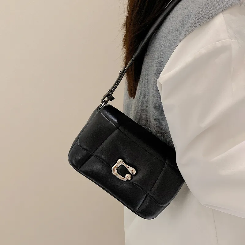 Miao Di Soft Sheepskin Small Square Bag With Wide Strap Shoulder Bag Small Size Women's Truffle Black-4