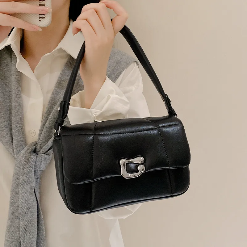 Miao Di Soft Sheepskin Small Square Bag With Wide Strap Shoulder Bag Small Size Women's Truffle Black-6