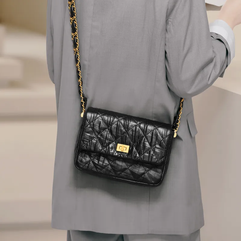 Miao Di Top Grain Cow Leather Wide Shoulder Strap Shoulder Bag Crossbody Bag Women's Midnight Black-2