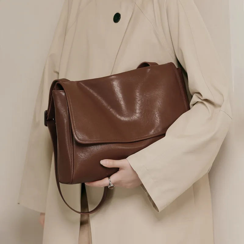 Miao Di Vegetable Tanned Top Grain Cow Leather Shoulder Bag Crossbody Bag Regular Women's Vintage Brown-4