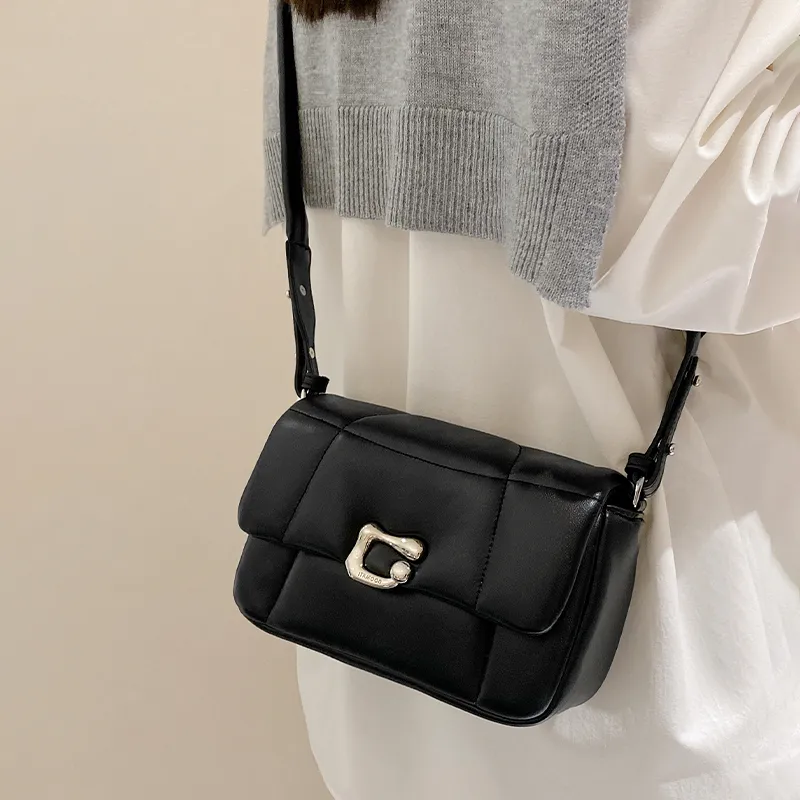 Miao Di Soft Sheepskin Small Square Bag With Wide Strap Shoulder Bag Small Size Women's Truffle Black-5