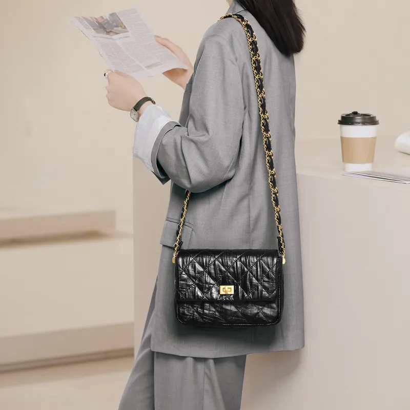 Miao Di Top Grain Cow Leather Wide Shoulder Strap Shoulder Bag Crossbody Bag Women's Midnight Black-4