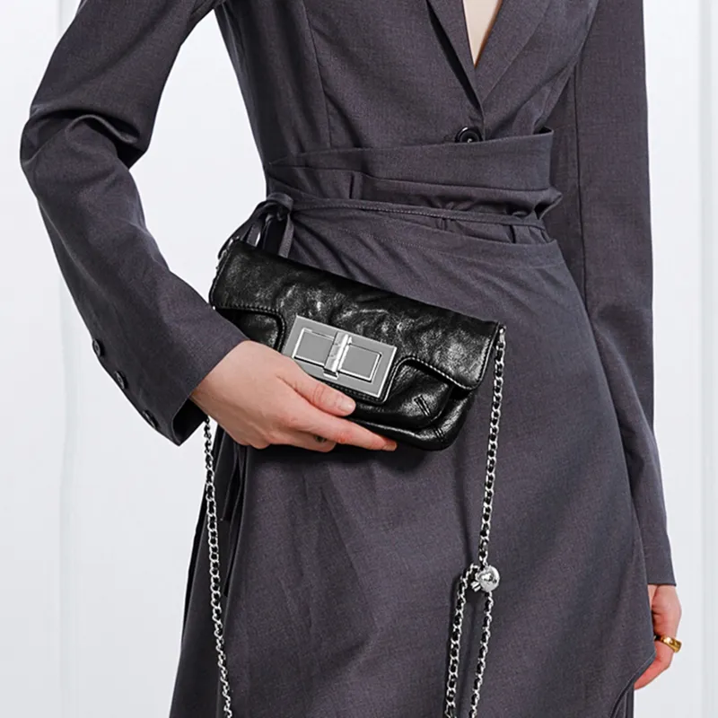 Miao Di Textured Vegetable Tanned Top Grain Cow Leather Shoulder Bag, Crossbody Bag Regular Women's Obsidian Black-5