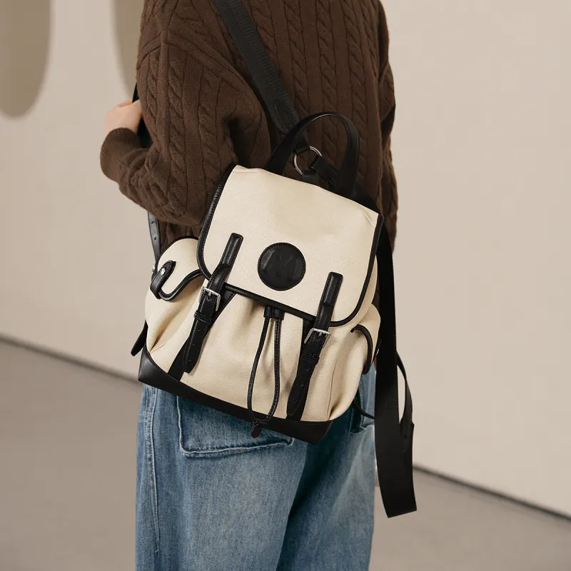 Miao Di Water Repellent PU Leather Drawstring Backpack Regular Women's Mist White-5