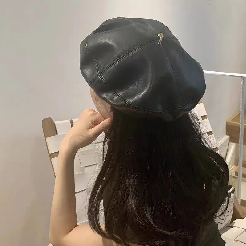 CLARKIA FLOWER Pu Leather Berets Women's Black-1