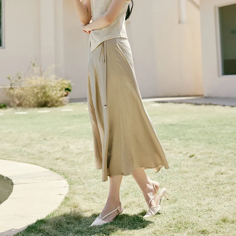 XIANGYING Casual Long Skirt Women's Camel-3