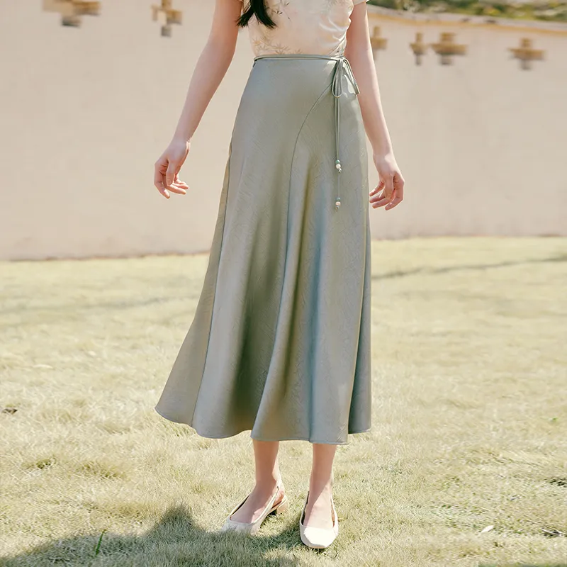 XIANGYING Casual Long Skirt Women's Light Green-3