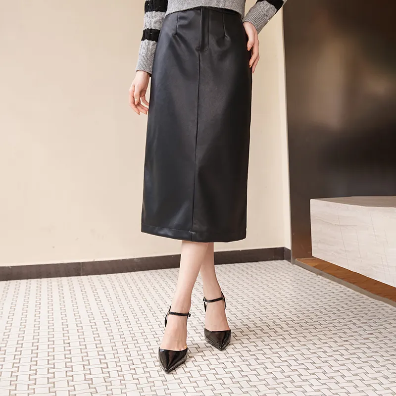 XIANGYING Leather Long Skirts Women's Black-5