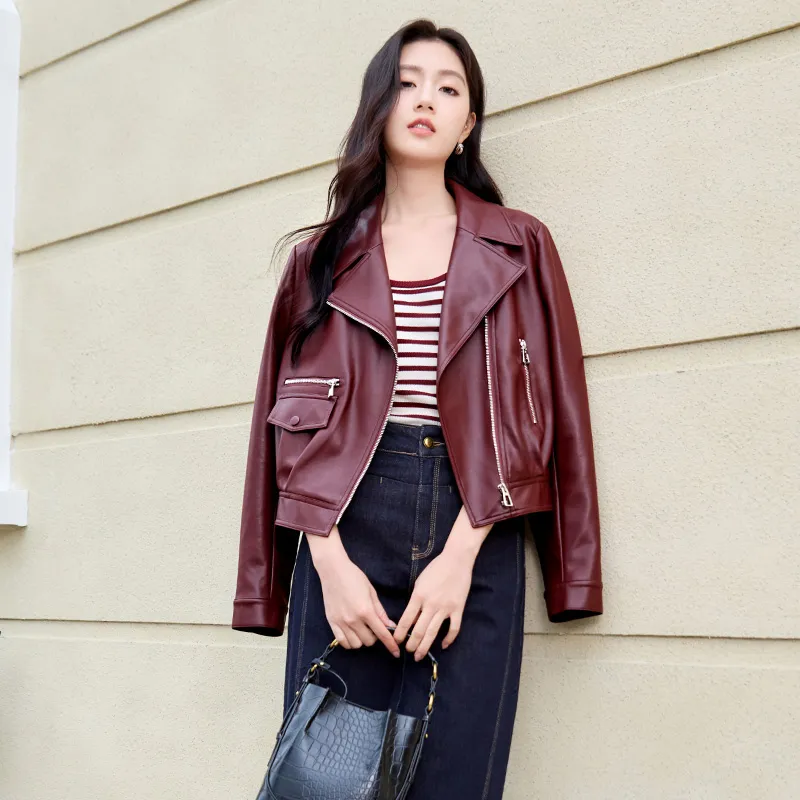 XIANGYING Leather Jacket Women's Ancora Red-5