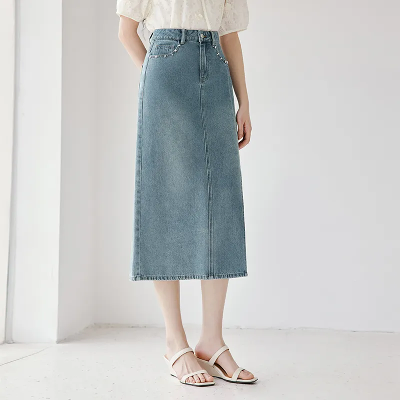 XIANGYING Denim Long Skirt Women's Blue-3