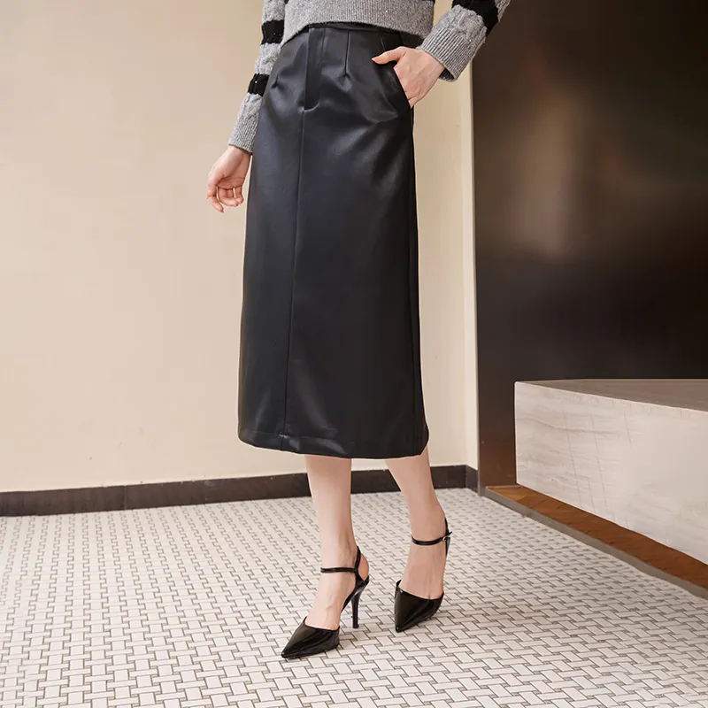 XIANGYING Leather Long Skirts Women's Black-2