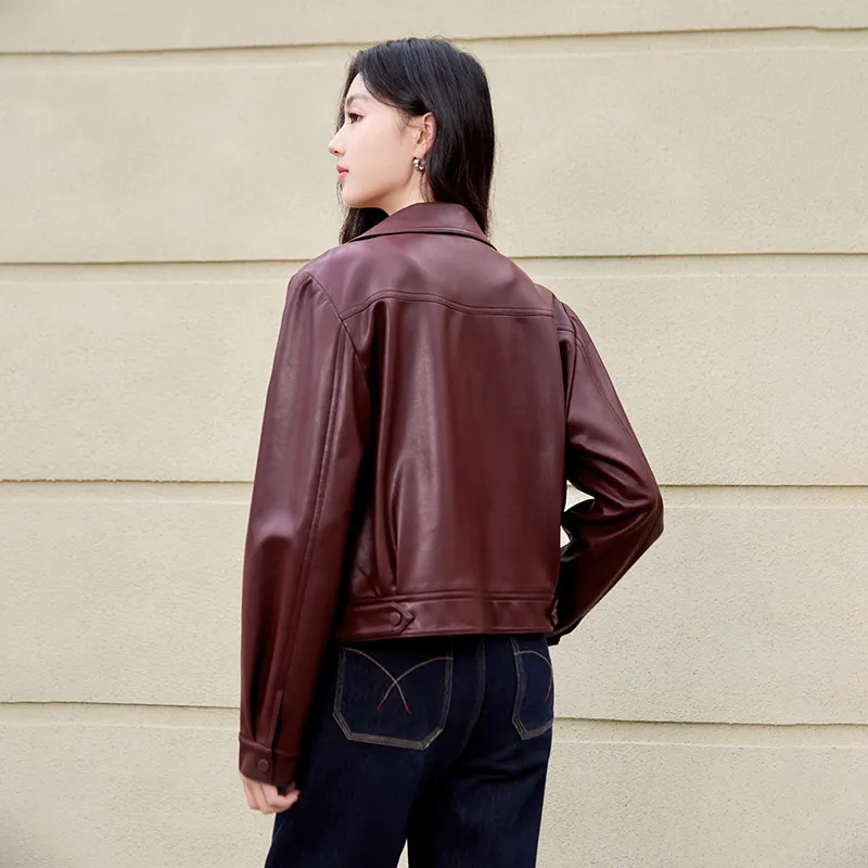 XIANGYING Leather Jacket Women's Ancora Red-3