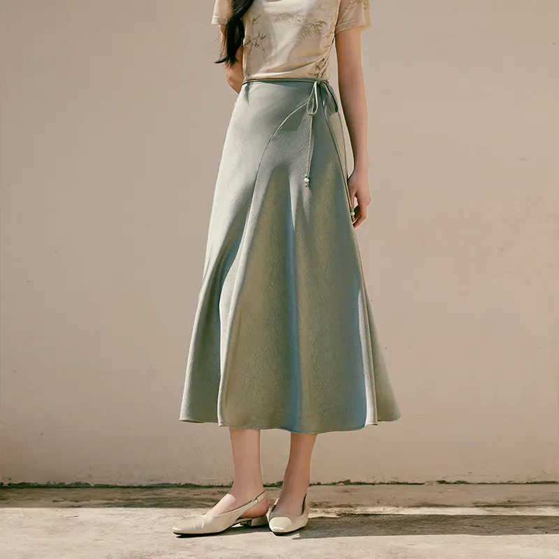 XIANGYING Casual Long Skirt Women's Light Green-4