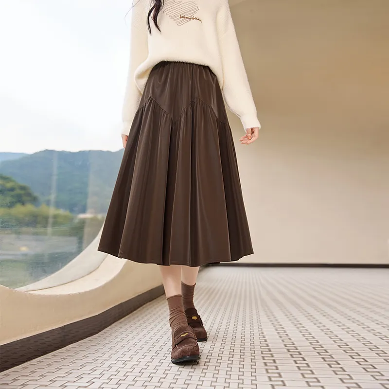XIANGYING Casual Long Skirts Women's Coffee-3