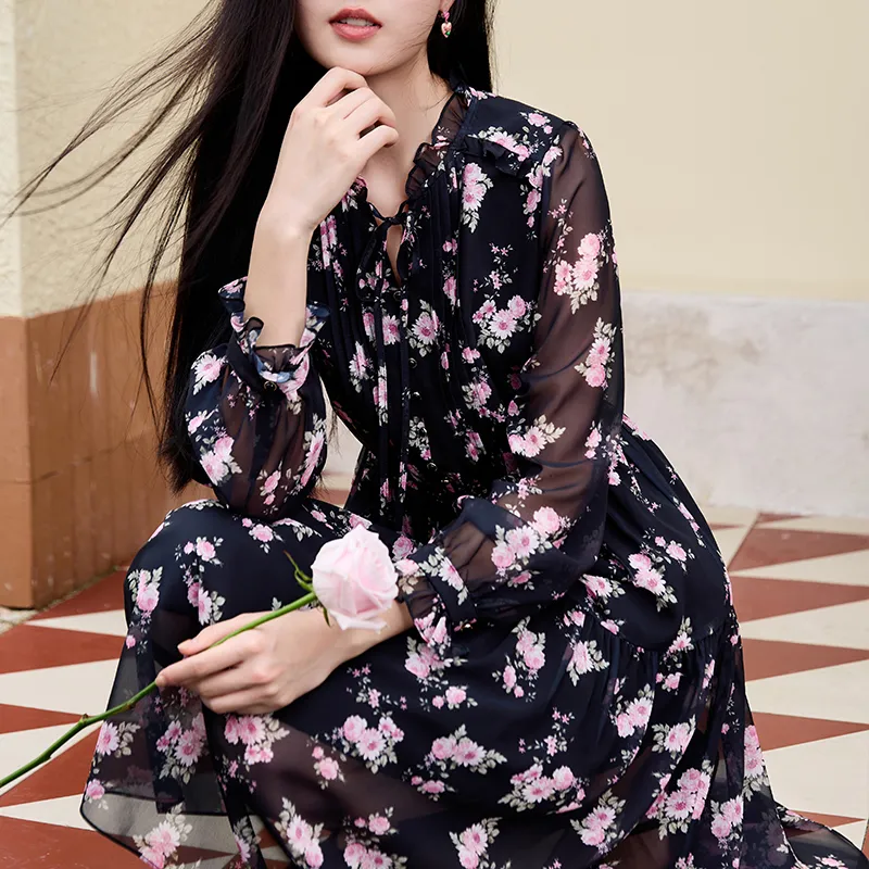 XIANGYING Long Sleeved Dress Women's Black-2