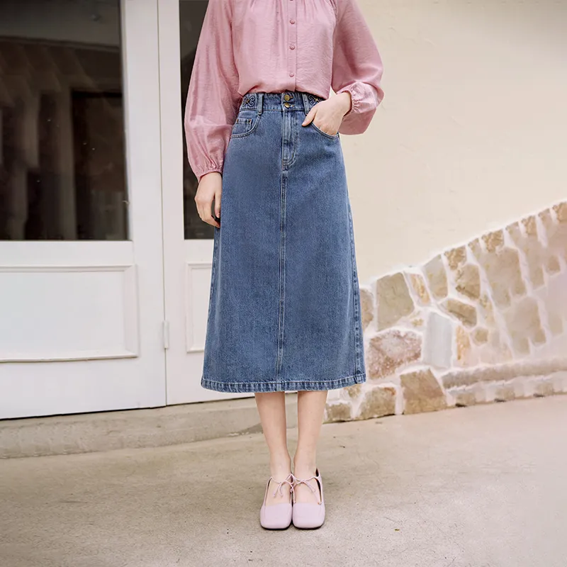XIANGYING Denim Long Skirt Women's Blue-2