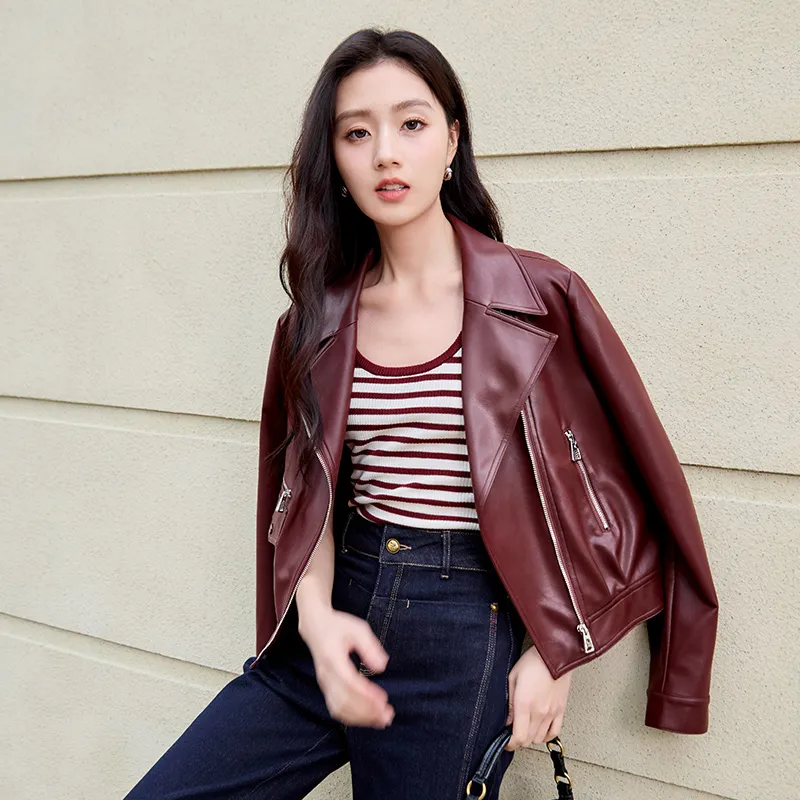 XIANGYING Leather Jacket Women's Ancora Red-2