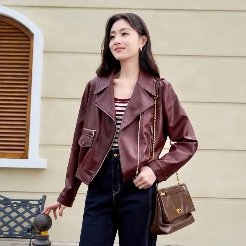 XIANGYING Leather Jacket Women's Ancora Red-6