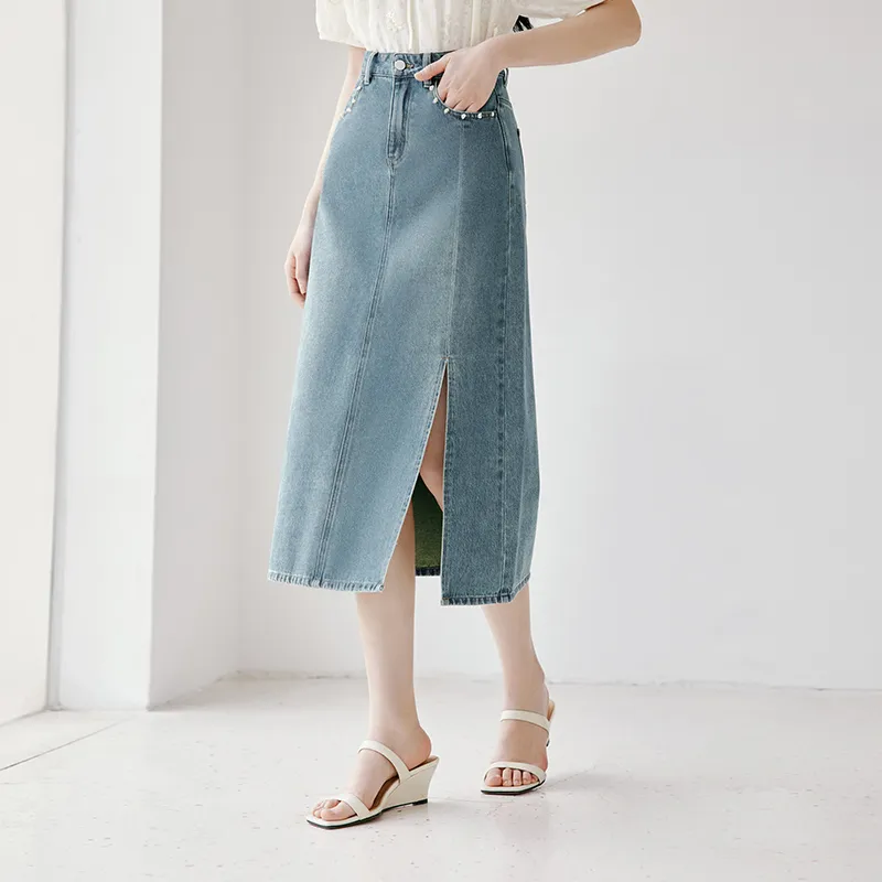 XIANGYING Denim Long Skirt Women's Blue-2