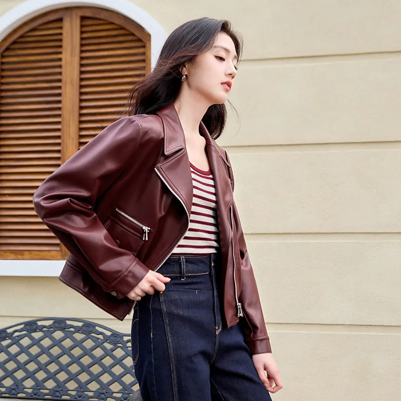 XIANGYING Leather Jacket Women's Ancora Red-4