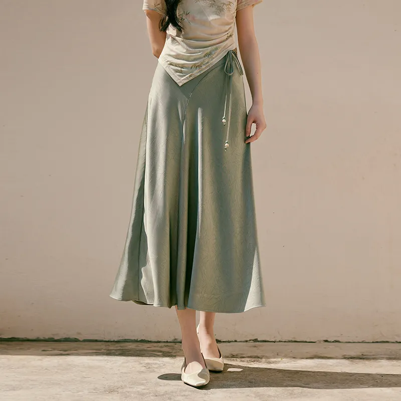 XIANGYING Casual Long Skirt Women's Light Green-2