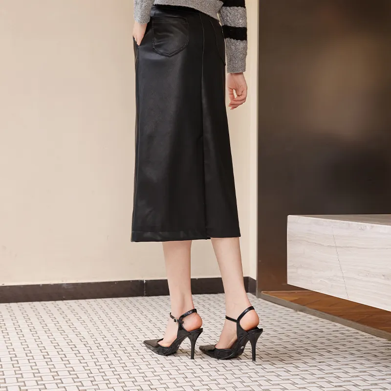 XIANGYING Leather Long Skirts Women's Black-4