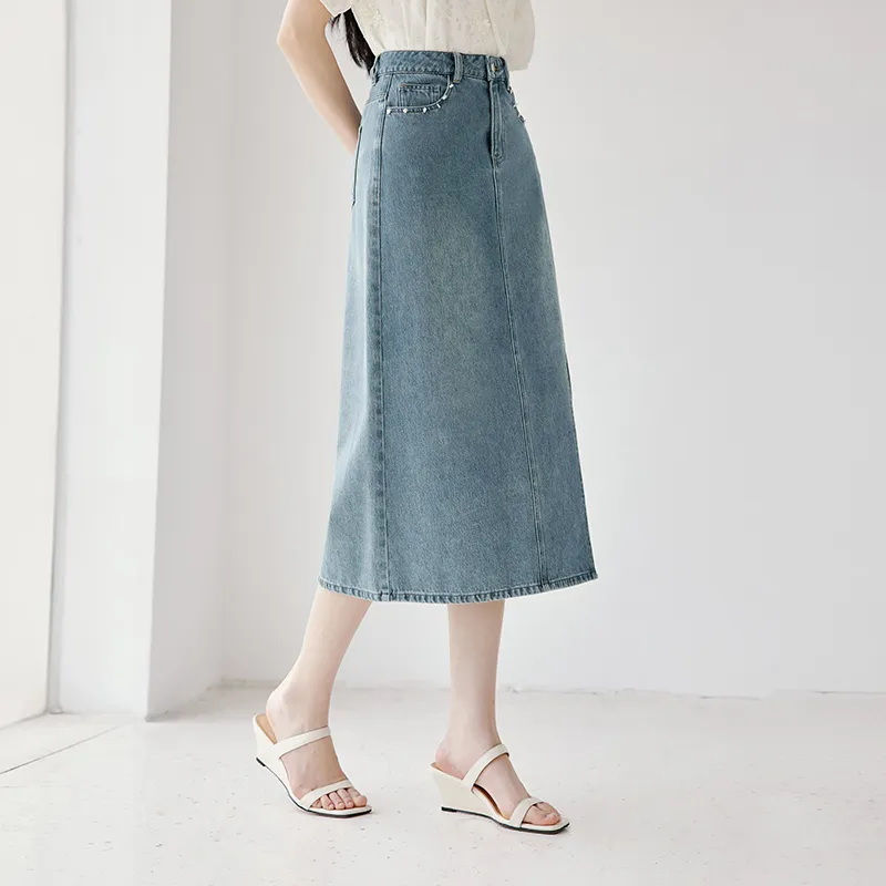 XIANGYING Denim Long Skirt Women's Blue-4