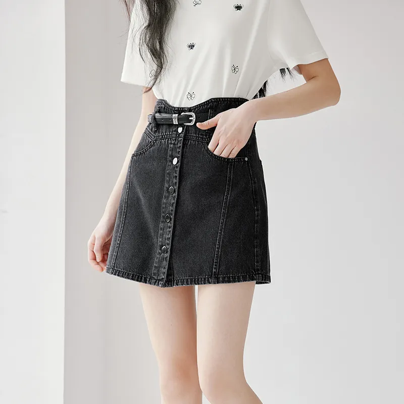 XIANGYING Denim Short Skirts Women's Black-3