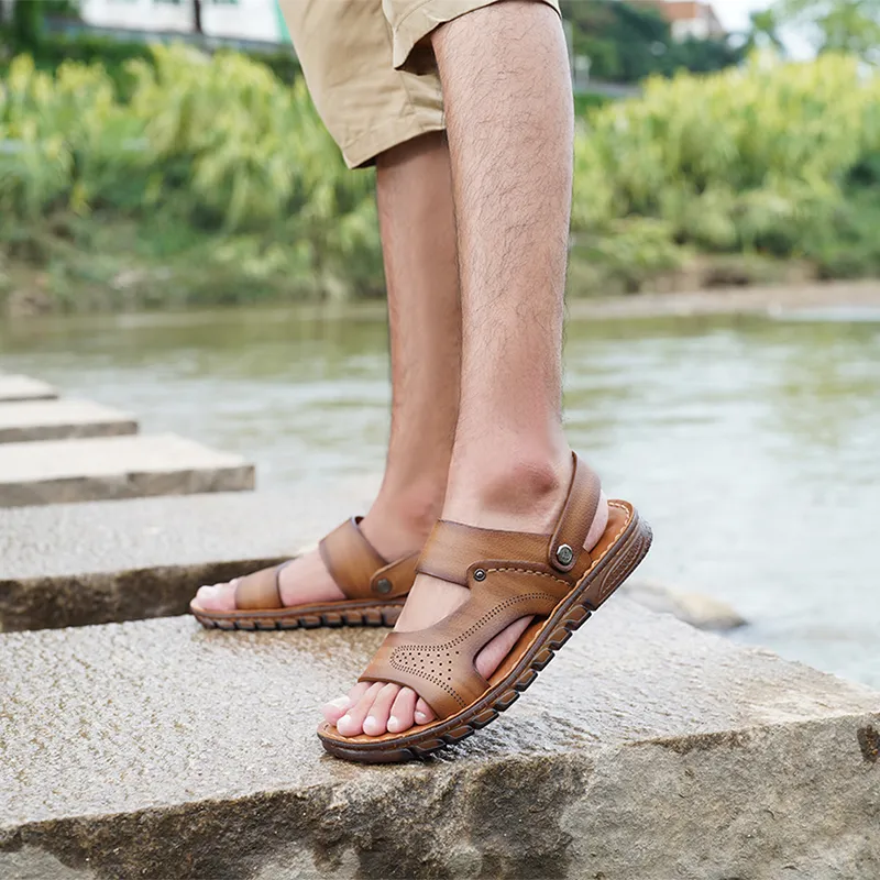 LAORENTOU Beach Sandals Men Brown, Khaki-5