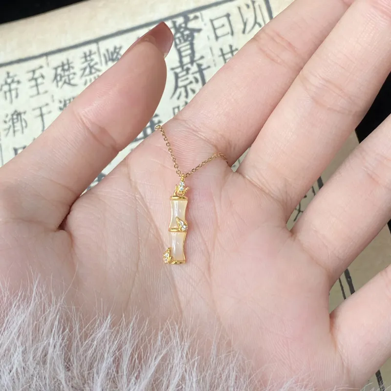 Linguanying Bamboo Pendant Pale Greenish-White Jade Women's-2