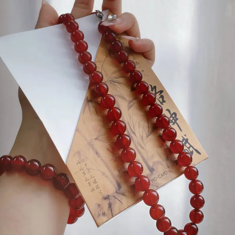 Linguanying Agate Stud Earrings, Beaded Bracelet, And Necklace Three Piece Set Women's-8