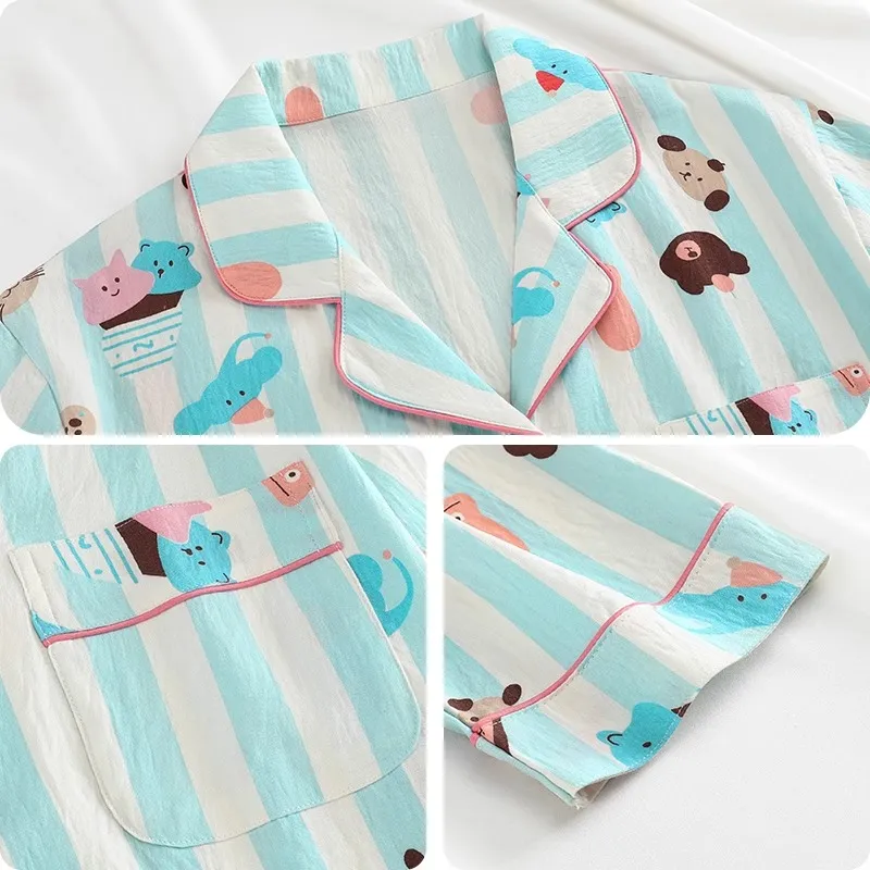 O'MESIK Pajama Set Women's Blue Stripes Pattern-2
