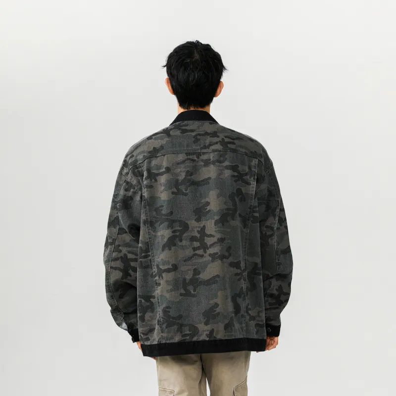 Qnxeey Denim Jacket Unisex Black Camouflage-2