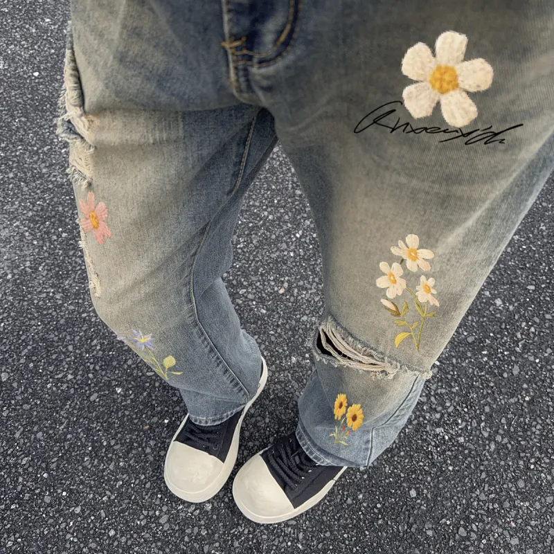 Qnxeey Jeans Unisex Vintage Blue-4
