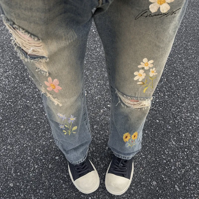 Qnxeey Jeans Unisex Vintage Blue-5
