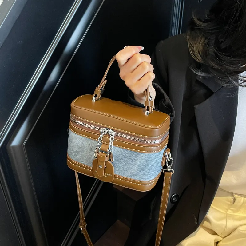 Morellybear PU Box Bag, Crossbody Handbag Regular Women's Tea Black/Ecru/Denim Blue-19
