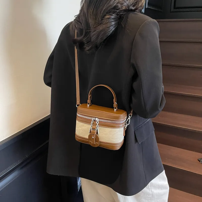 Morellybear PU Box Bag, Crossbody Handbag Regular Women's Tea Black/Ecru/Denim Blue-11