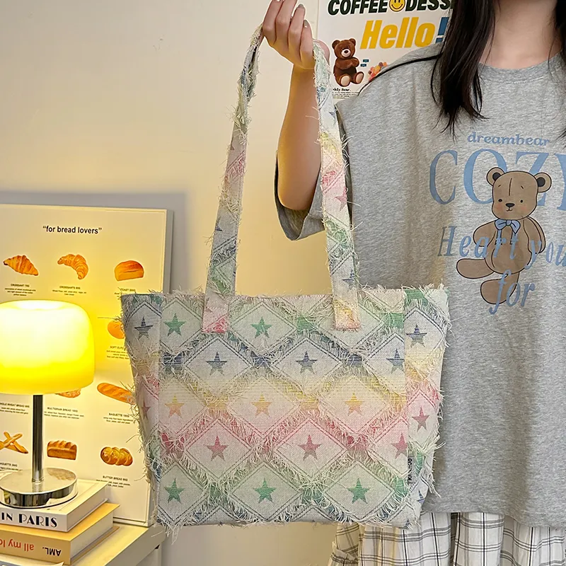 Morellybear Canvas Canvas Bag Shoulder Bags Women's Star Pattern/Rectangle/Checkerboard-4
