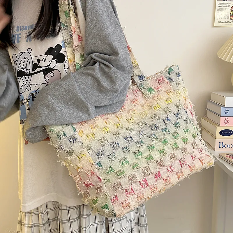 Morellybear Canvas Canvas Bag Shoulder Bags Women's Star Pattern/Rectangle/Checkerboard-11