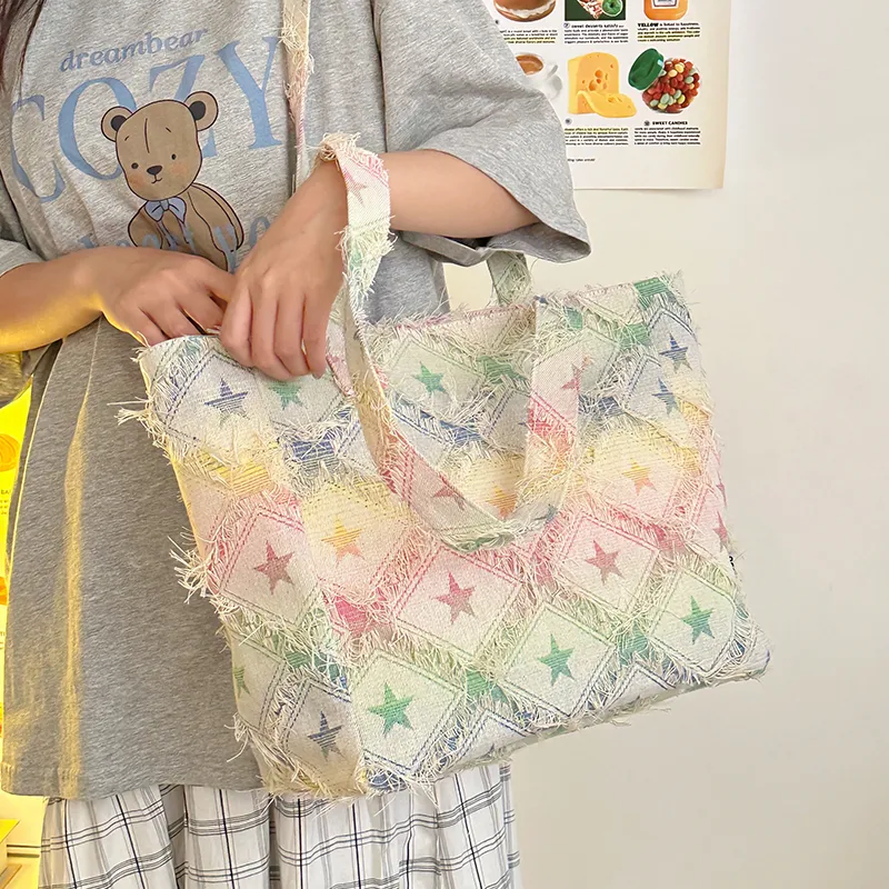 Morellybear Canvas Canvas Bag Shoulder Bags Women's Star Pattern/Rectangle/Checkerboard-1