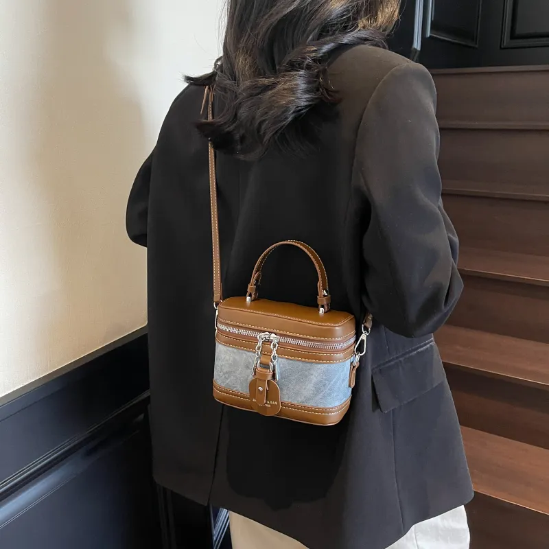 Morellybear PU Box Bag, Crossbody Handbag Regular Women's Tea Black/Ecru/Denim Blue-15