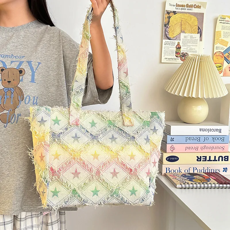 Morellybear Canvas Canvas Bag Shoulder Bags Women's Star Pattern/Rectangle/Checkerboard-2