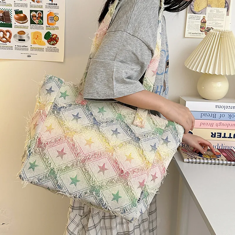 Morellybear Canvas Canvas Bag Shoulder Bags Women's Star Pattern/Rectangle/Checkerboard-3