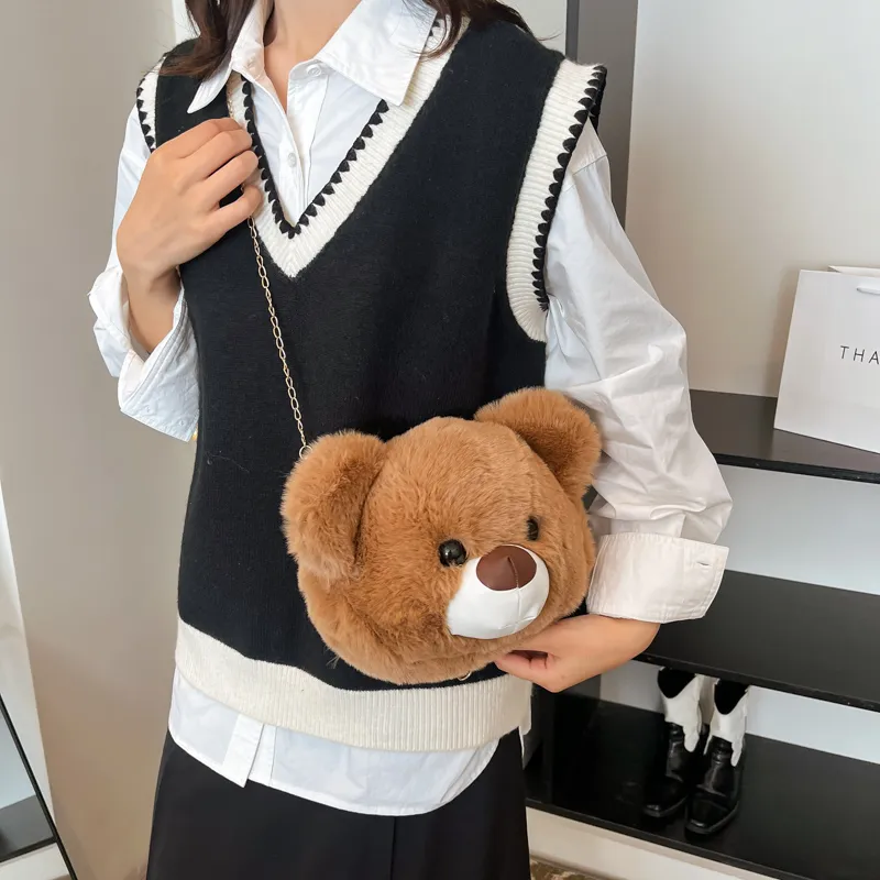 Morellybear Plush Crossbody Bag Women's Brown/Khaki/Ecru-13