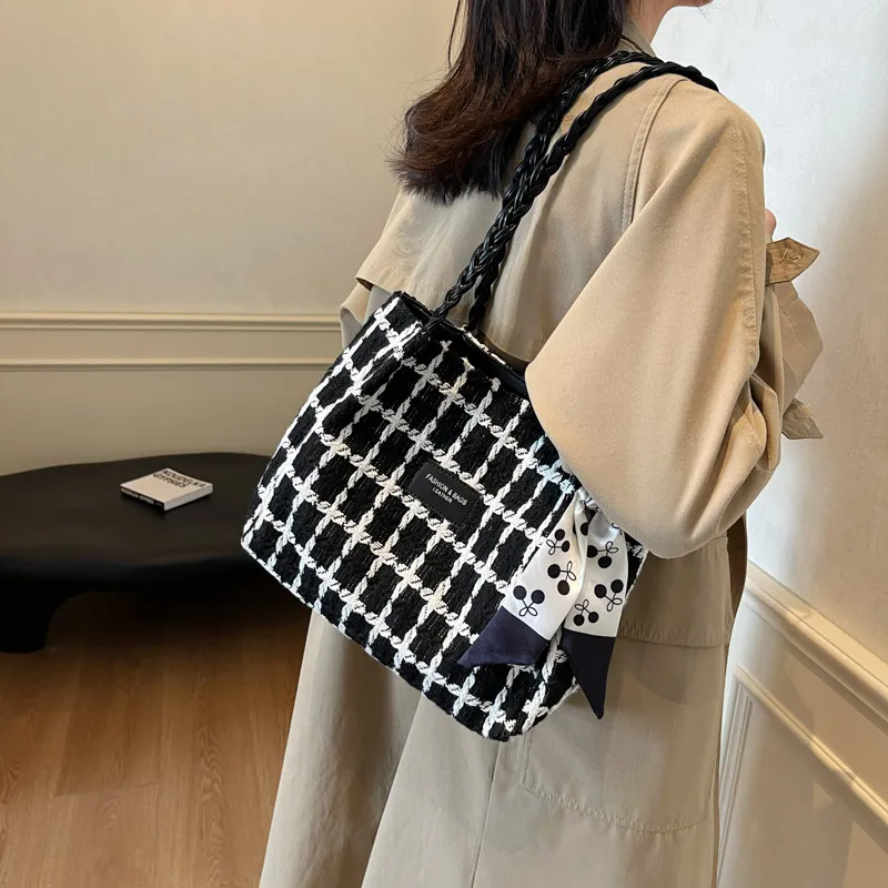 Morellybear Fabric Tote Bag, Shoulder Bag Women's Plaid Black/Ecru-2