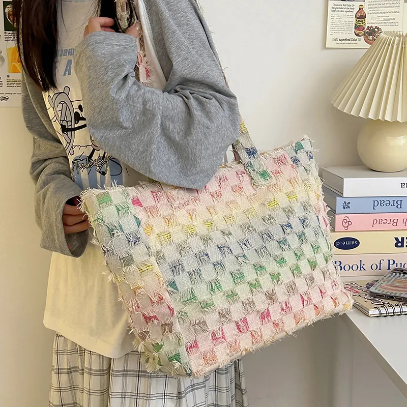 Morellybear Canvas Canvas Bag Shoulder Bags Women's Star Pattern/Rectangle/Checkerboard-12