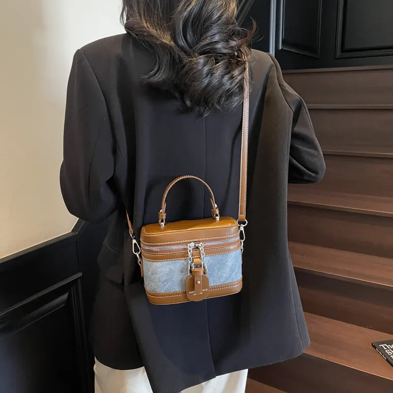 Morellybear PU Box Bag, Crossbody Handbag Regular Women's Tea Black/Ecru/Denim Blue-16