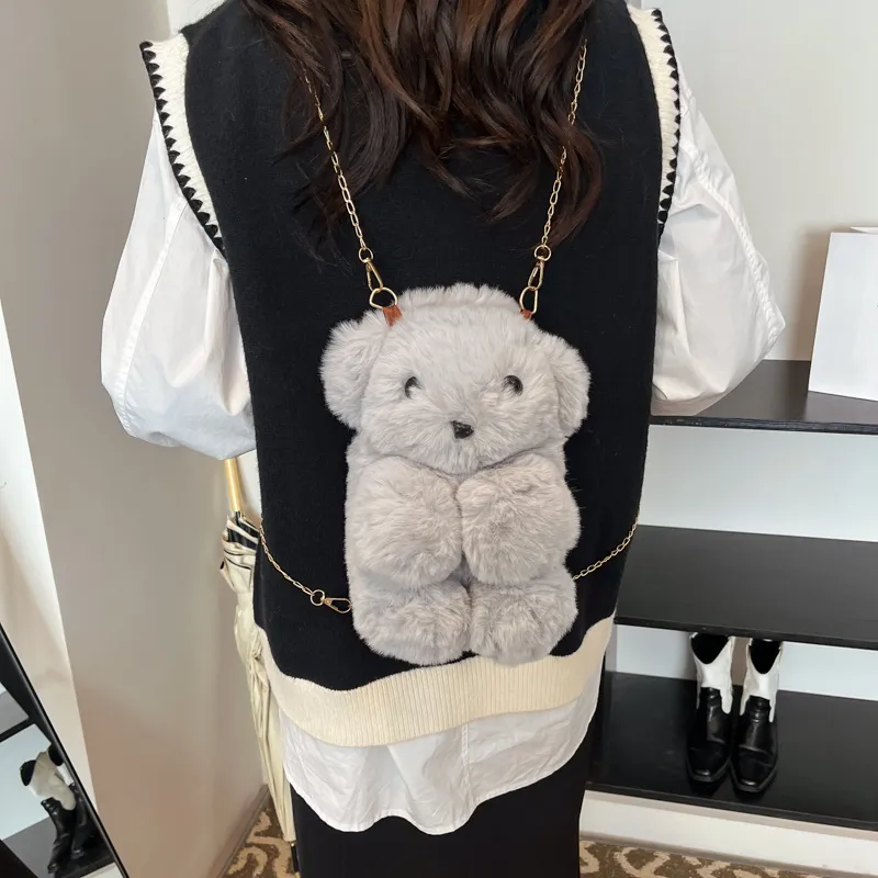 Morellybear Plush Crossbody Bag Women's Khaki/Ecru/Gray-12